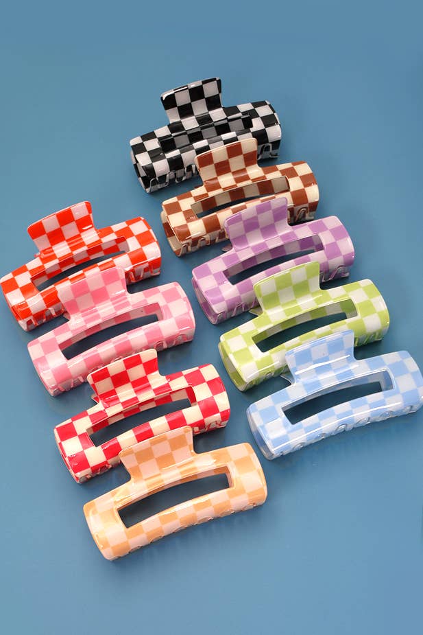 JOSSLYN by wall to wall - JUMBO RESIN CHECKER HAIR CLAW CLIPS 4inch | 40H664: FUCHSIA