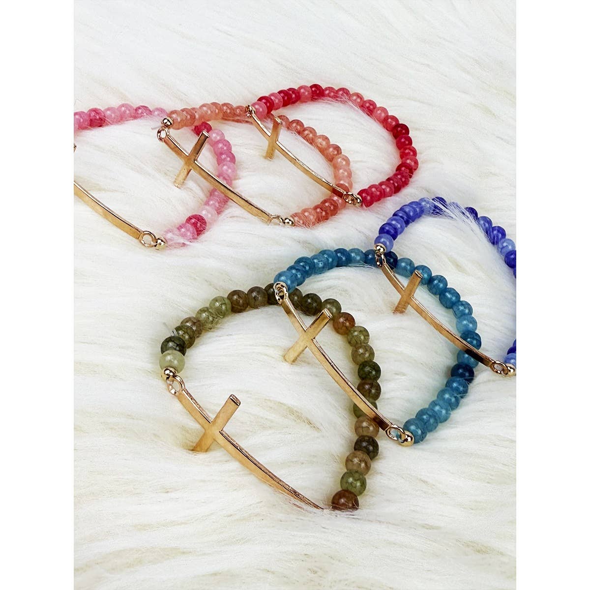 Love and Repeat - Gold Cross Multi Tone Beaded Stretch Bracelet: MIX COLOR / ONE(12)