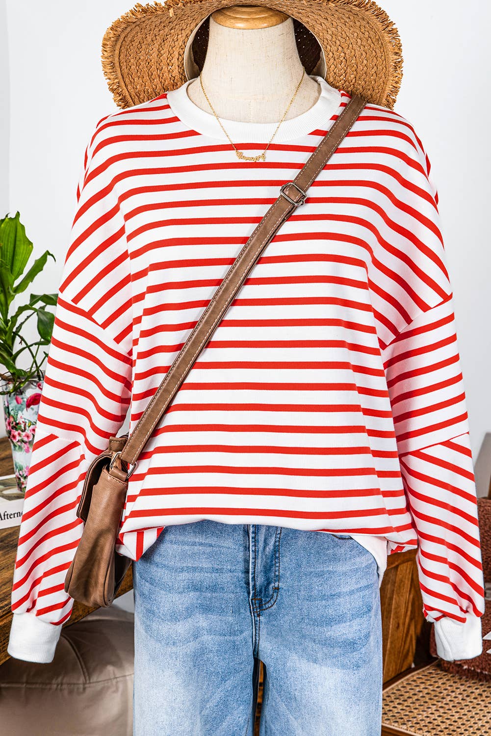 fashionworks - Fashion-W Fall Drop Shoulder Crew Neck Loose Sweatshirt: Orange / Missy / S