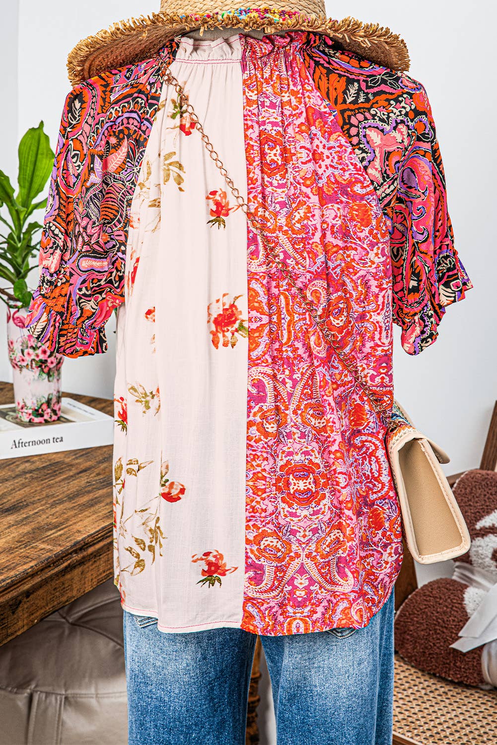 fashionworks - Fashion-W Boho Floral Patchwork Buttoned Short Sleeve Blouse: As shown / Missy / XL
