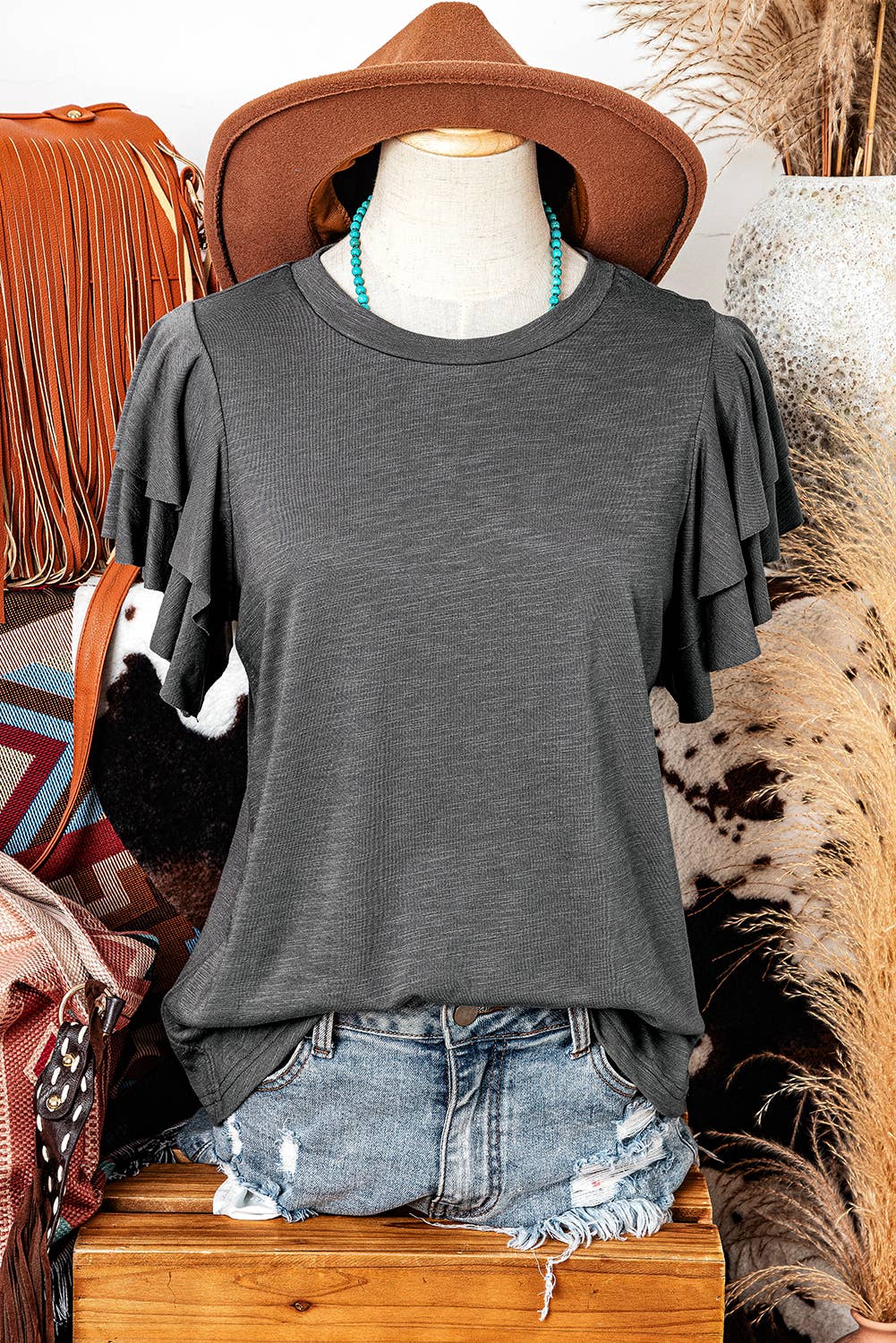 fashionworks - Fashion Western Layered Ruffle Short Sleeve Round Neck Top: Black / Missy / L