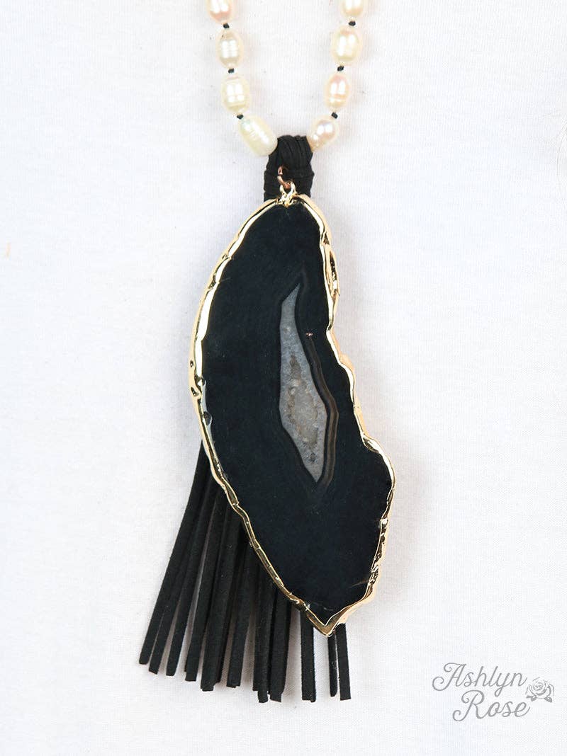 Southern Grace - Hickory Natural Stone Necklace with Pearl Beading & Leather Tassel: Black / One Size