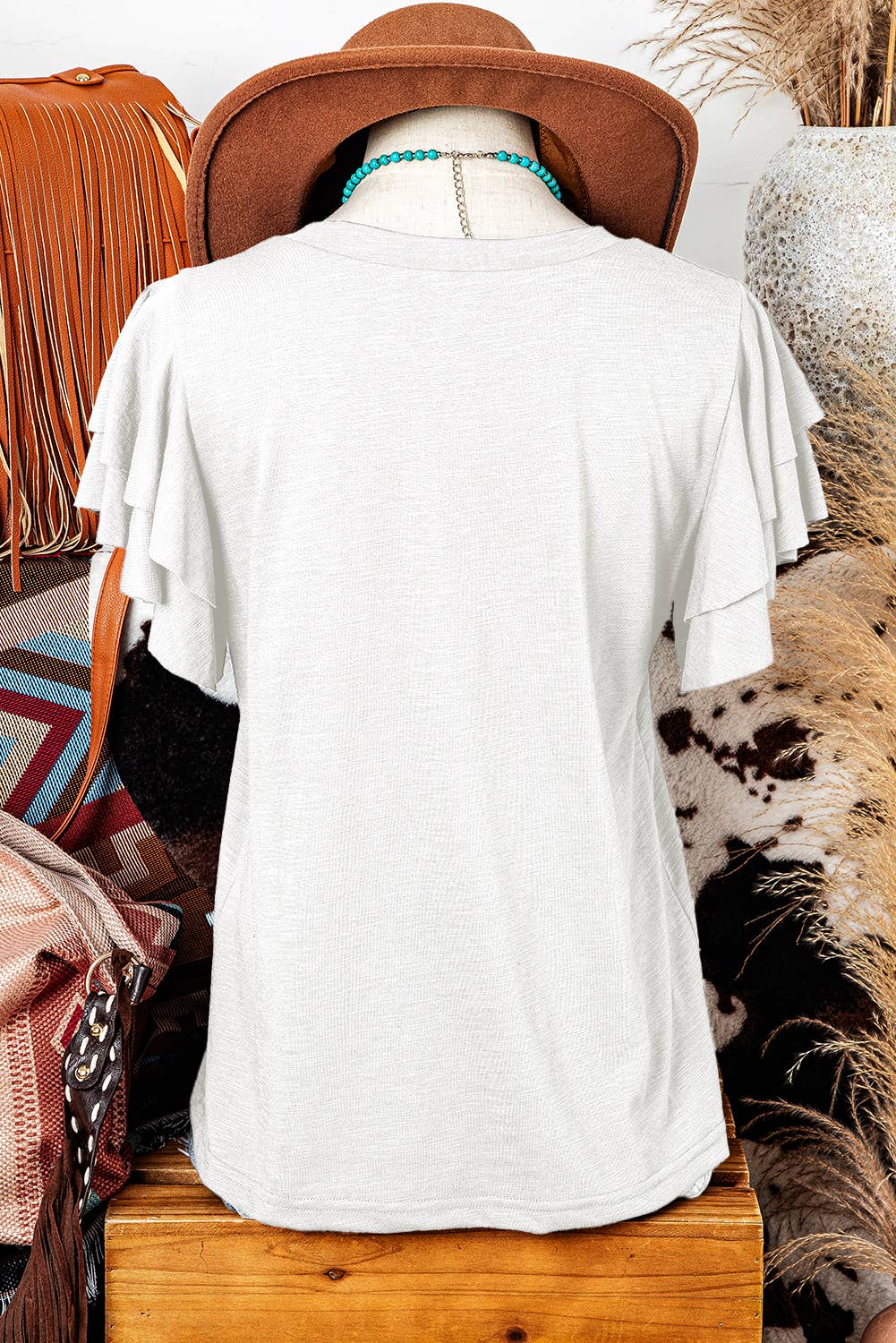fashionworks - Fashion Western Layered Ruffle Short Sleeve Round Neck Top: Black / Missy / M