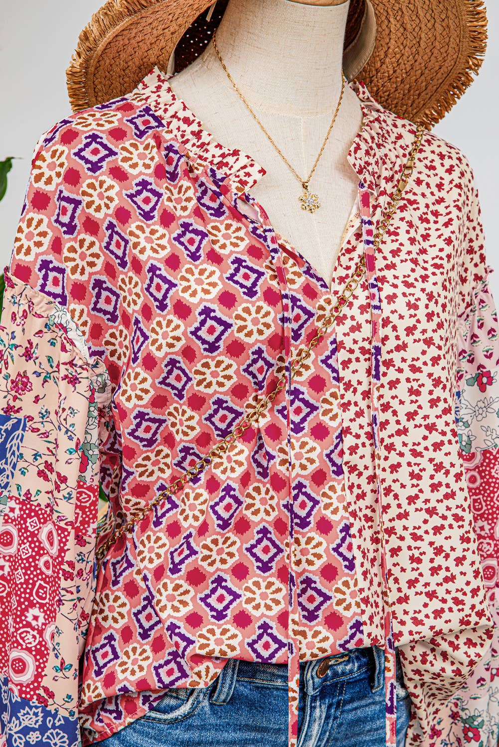fashionworks - Fashion-W Western Mix Floral Long Sleeve Tied V Neck Blouse: As shown / Missy / M