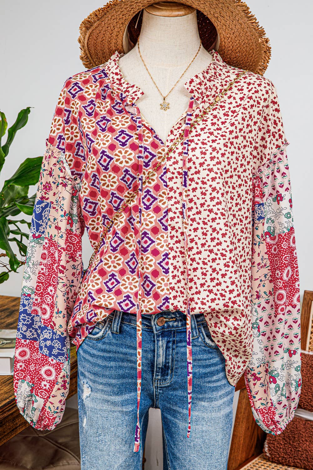 fashionworks - Fashion-W Western Mix Floral Long Sleeve Tied V Neck Blouse: As shown / Missy / M