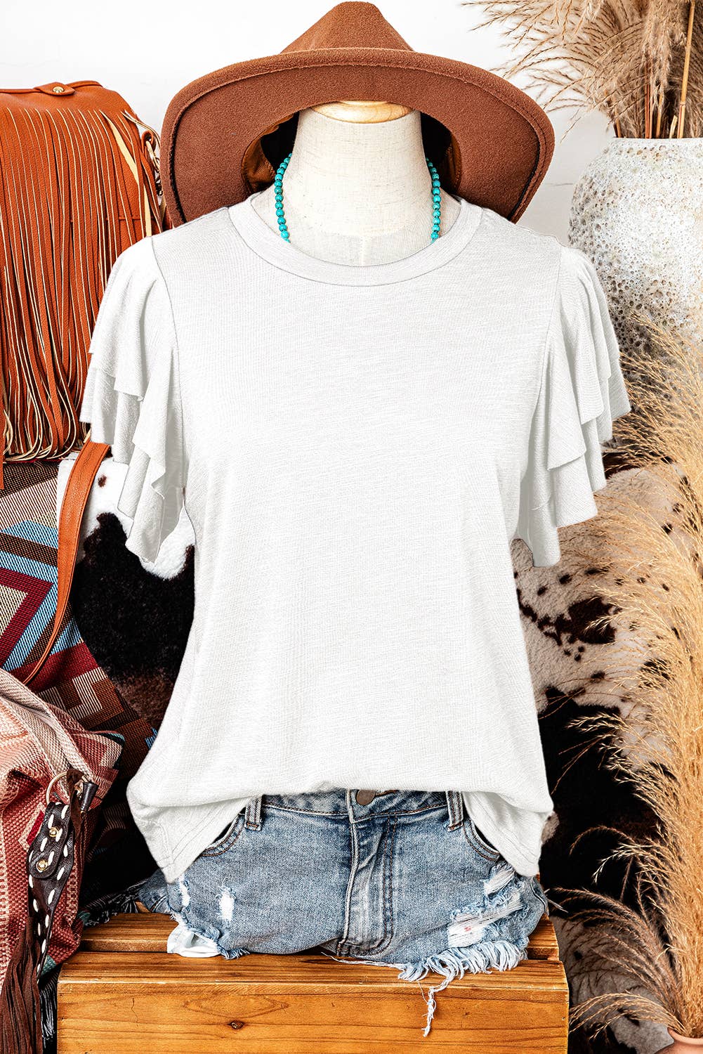 fashionworks - Fashion Western Layered Ruffle Short Sleeve Round Neck Top: Black / Missy / L