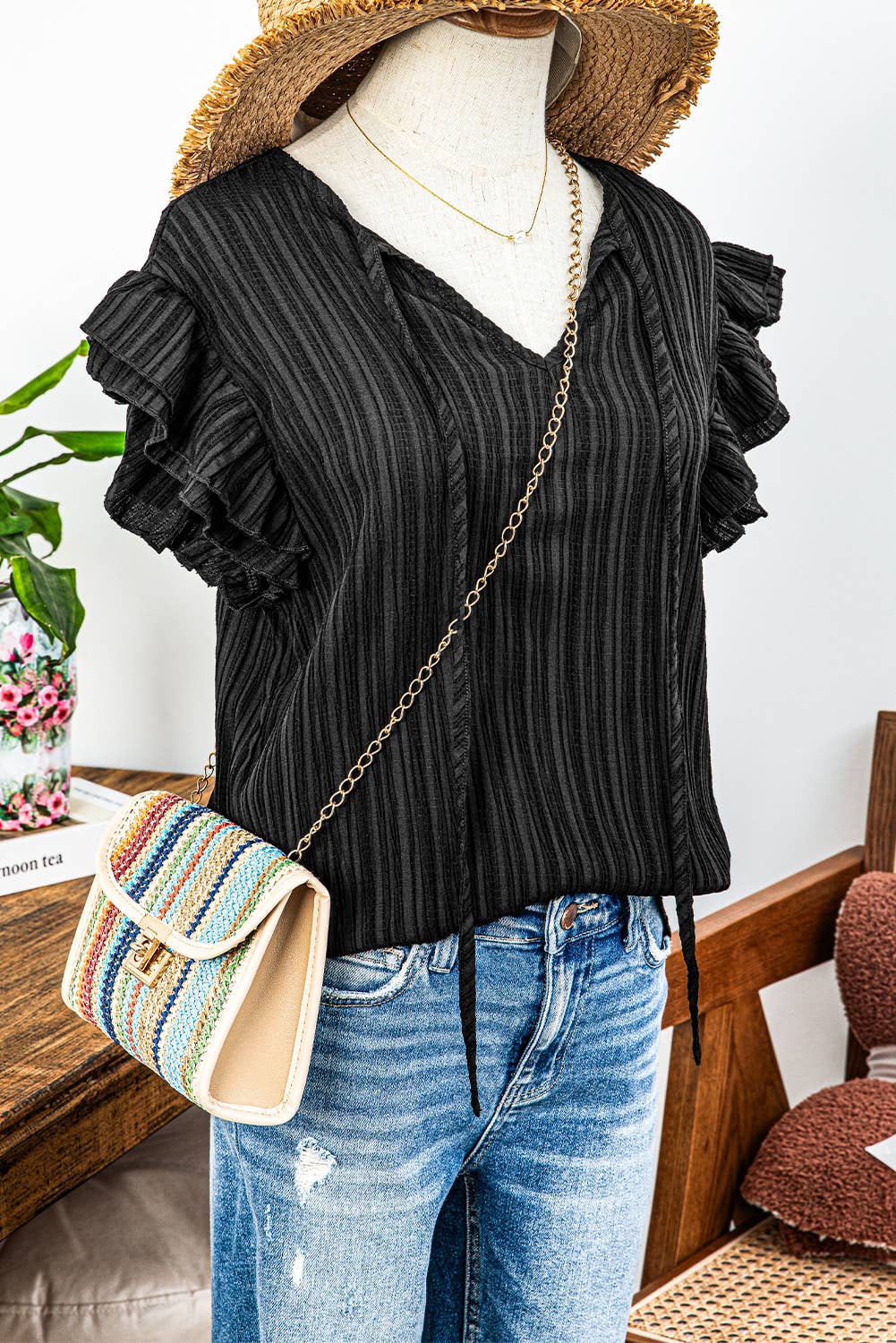 fashionworks - Fashion-W Textured Ruffled Sleeve V Neck Top: Black / Missy / S