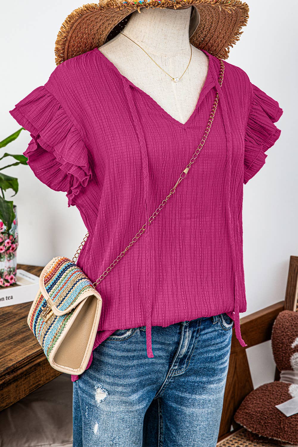 fashionworks - Fashion-W Textured Ruffled Sleeve V Neck Top: Black / Missy / S