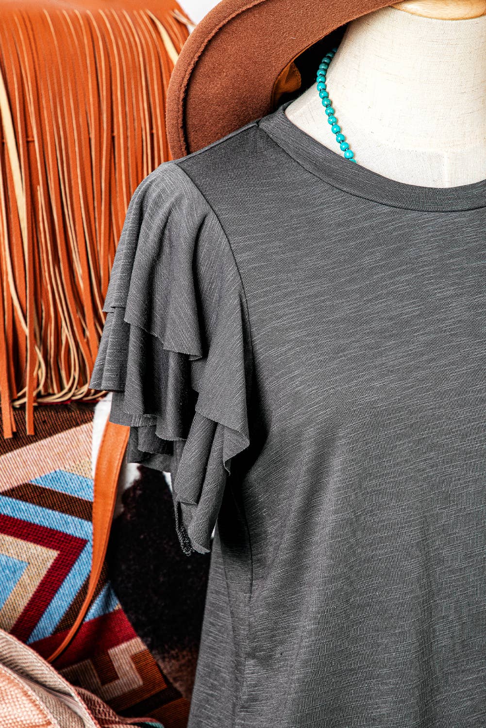 fashionworks - Fashion Western Layered Ruffle Short Sleeve Round Neck Top: Black / Missy / M