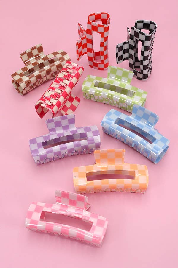 JOSSLYN by wall to wall - JUMBO RESIN CHECKER HAIR CLAW CLIPS 4inch | 40H664: FUCHSIA