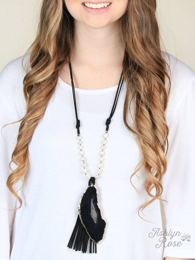 Southern Grace - Hickory Natural Stone Necklace with Pearl Beading & Leather Tassel: Black / One Size