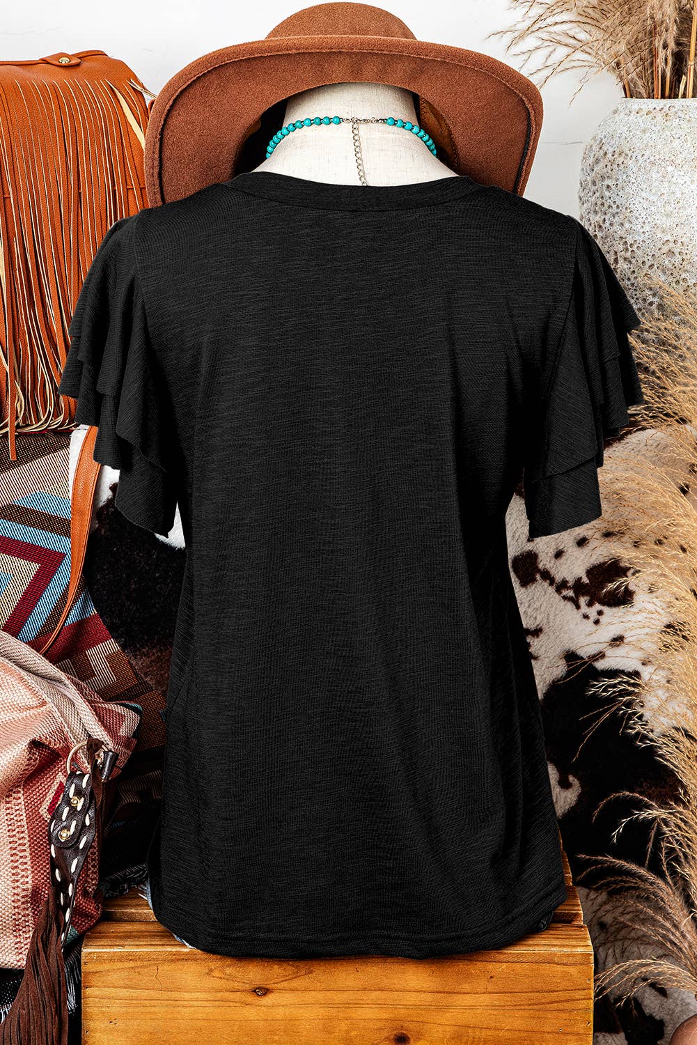 fashionworks - Fashion Western Layered Ruffle Short Sleeve Round Neck Top: Black / Missy / M