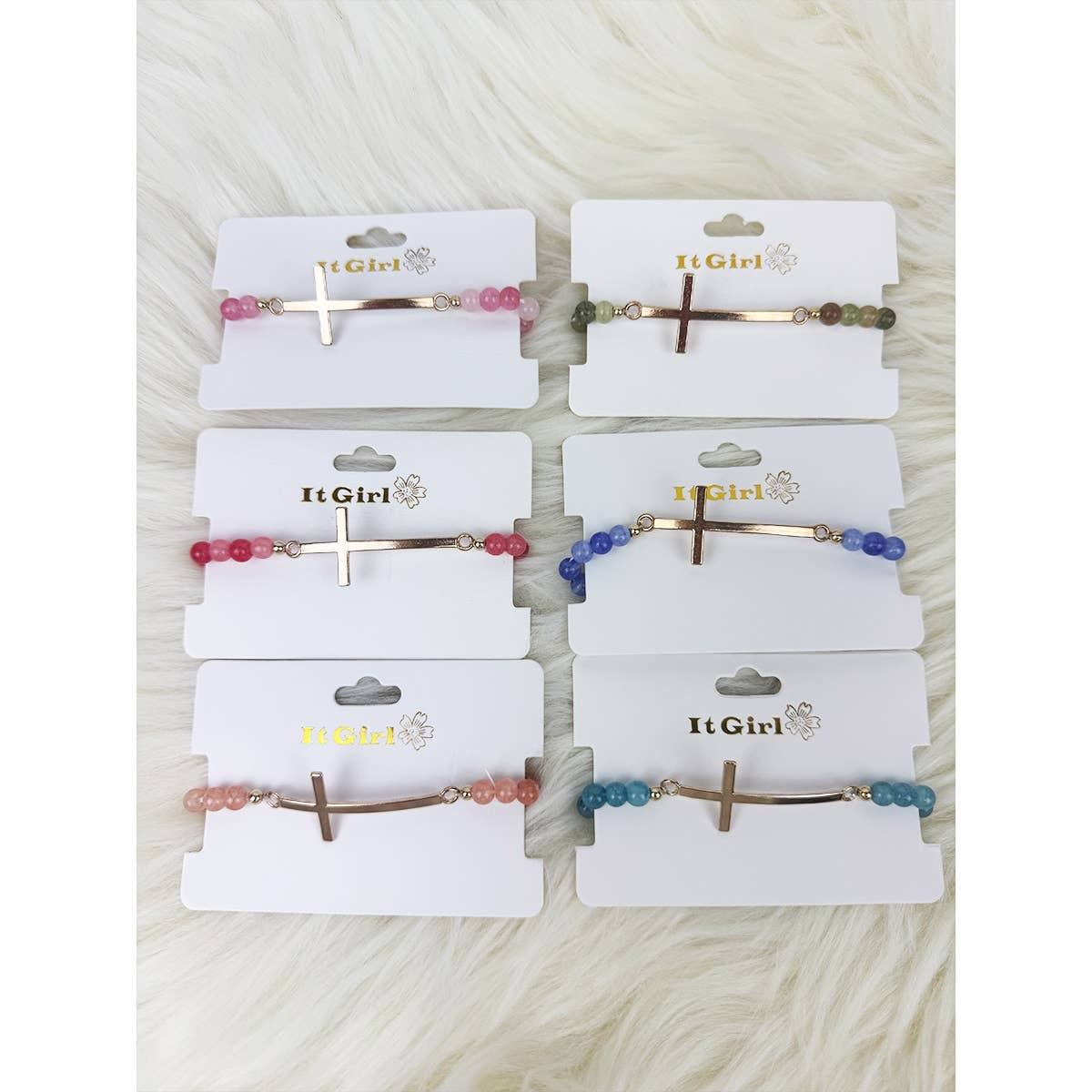 Love and Repeat - Gold Cross Multi Tone Beaded Stretch Bracelet: MIX COLOR / ONE(12)