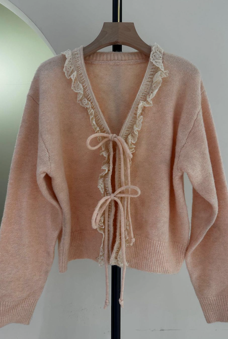 Miss Sparkling - Front tie ruffled trim Cardigan: Pink / L