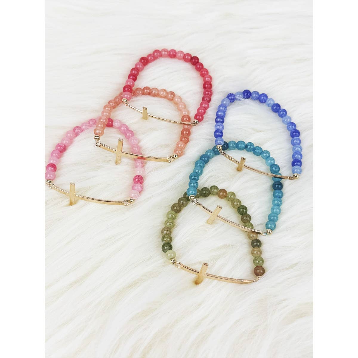 Love and Repeat - Gold Cross Multi Tone Beaded Stretch Bracelet: MIX COLOR / ONE(12)