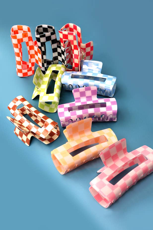 JOSSLYN by wall to wall - JUMBO RESIN CHECKER HAIR CLAW CLIPS 4inch | 40H664: FUCHSIA