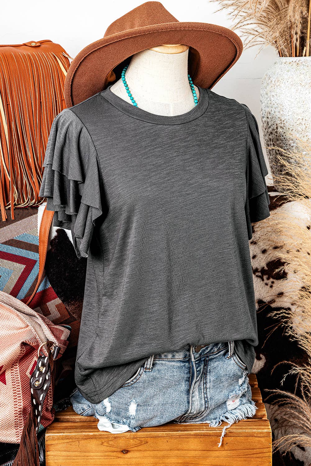 fashionworks - Fashion Western Layered Ruffle Short Sleeve Round Neck Top: Black / Missy / L