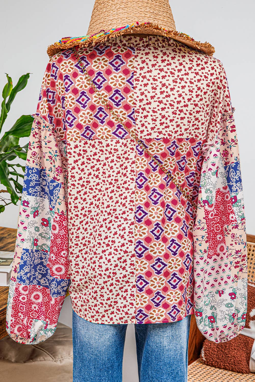 fashionworks - Fashion-W Western Mix Floral Long Sleeve Tied V Neck Blouse: As shown / Missy / M