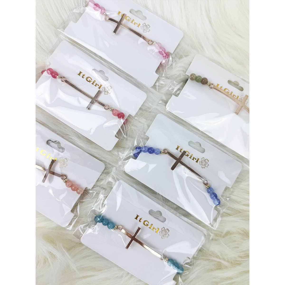 Love and Repeat - Gold Cross Multi Tone Beaded Stretch Bracelet: MIX COLOR / ONE(12)