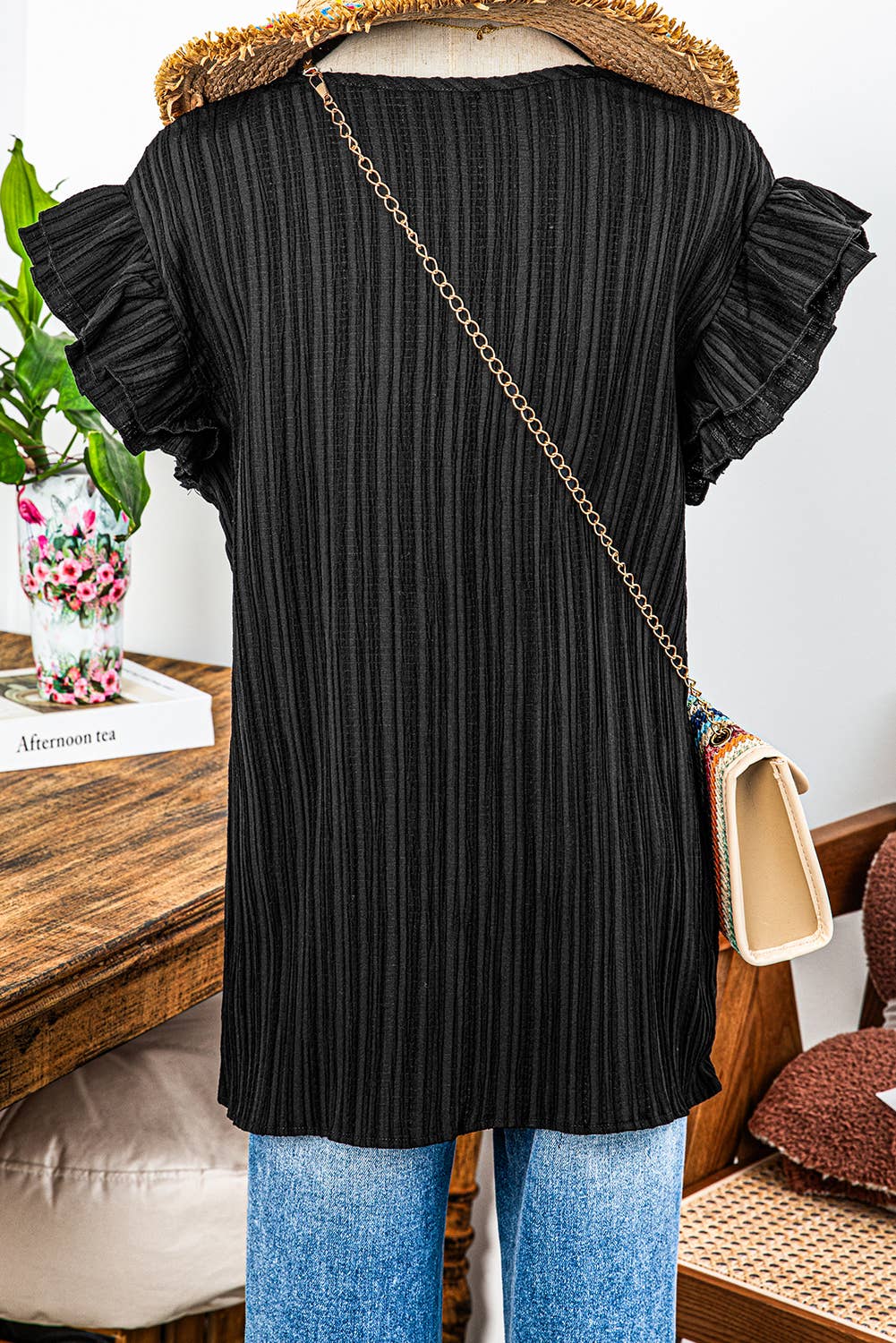 fashionworks - Fashion-W Textured Ruffled Sleeve V Neck Top: Black / Missy / XL