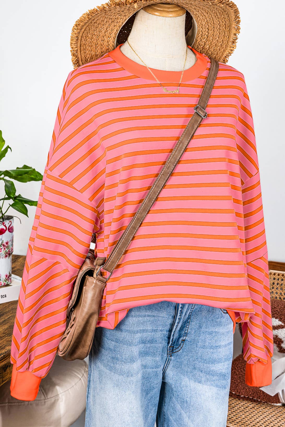fashionworks - Fashion-W Fall Drop Shoulder Crew Neck Loose Sweatshirt: Orange / Missy / S