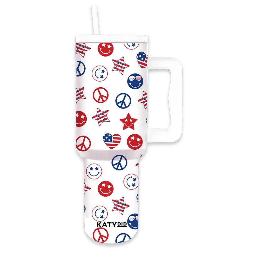 Katydid - America Star, Peace & Happy Face 38 Oz Tumbler w/ Handle: White