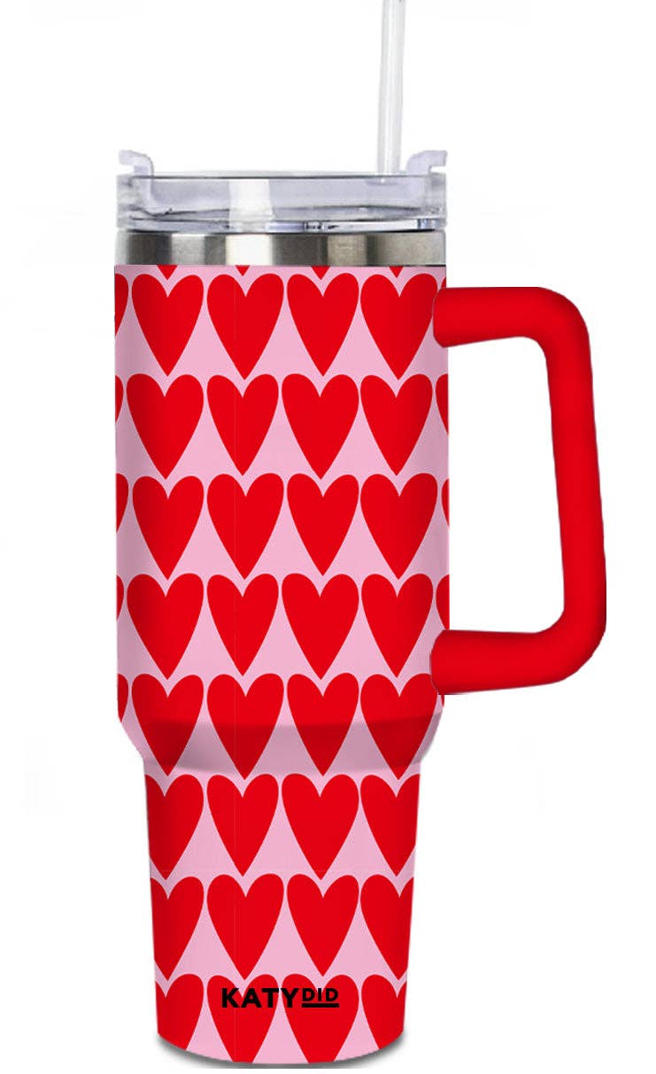 KATYDID MULTICOLORED HEARTS 40 OUNCE TUMBLER WITH HANDLE AND STRAW