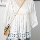 fashionworks - Lace Crochet Hollowed Scallop Hem V Neck Blouse: White / M