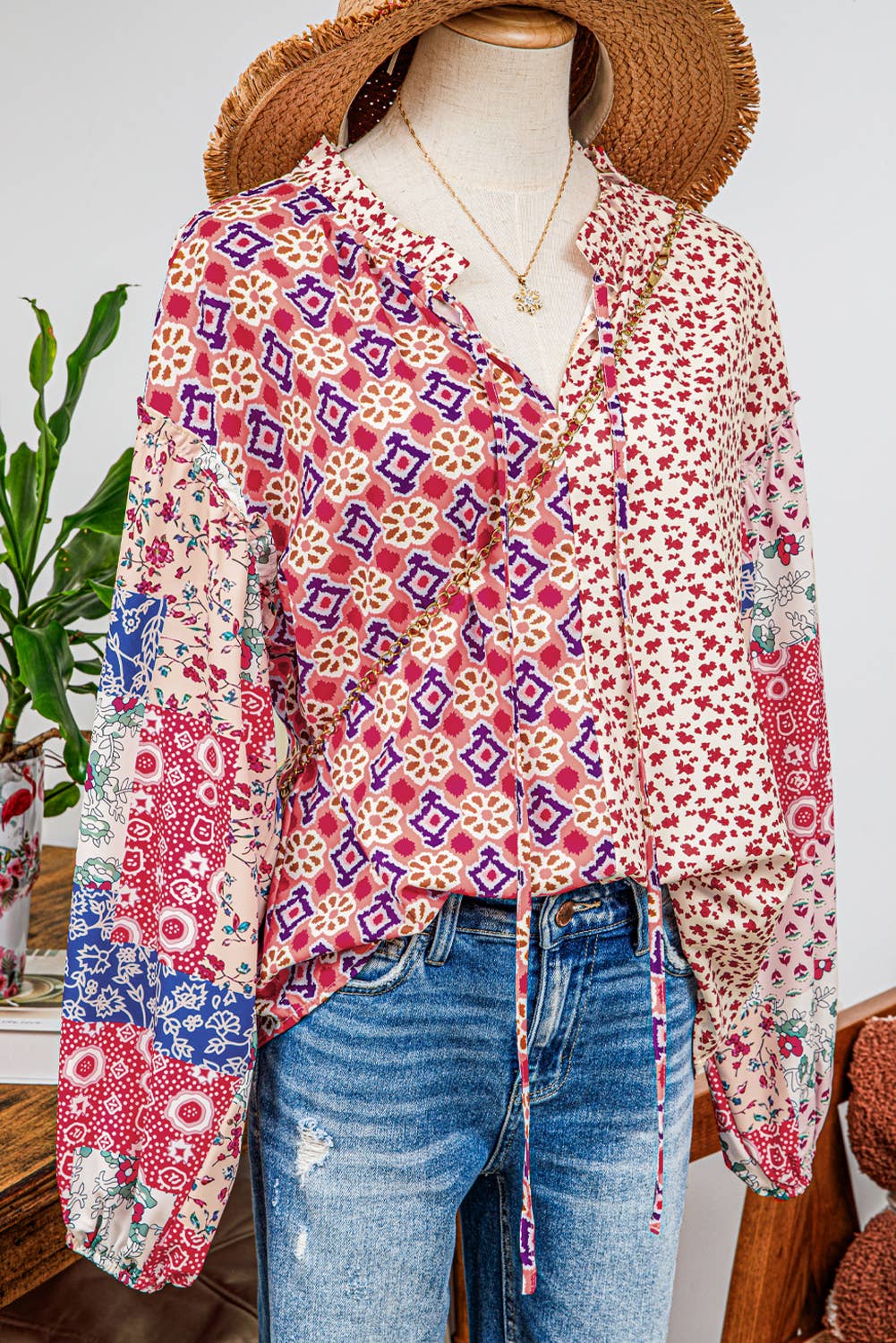fashionworks - Fashion-W Western Mix Floral Long Sleeve Tied V Neck Blouse: As shown / Missy / M