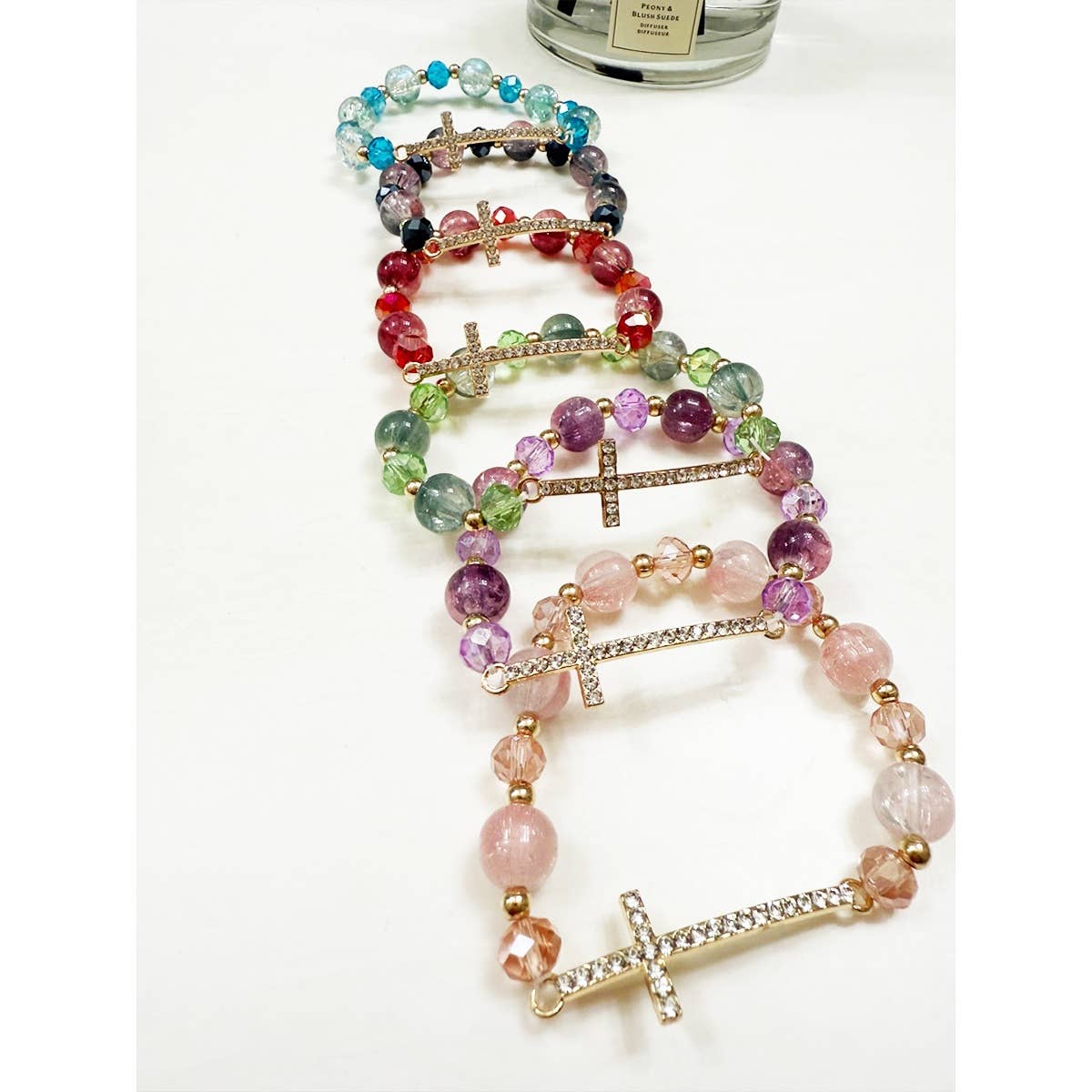 Love and Repeat - Rhinestone Cross Bead Stretch Bracelet: MIX COLOR / ONE(12)