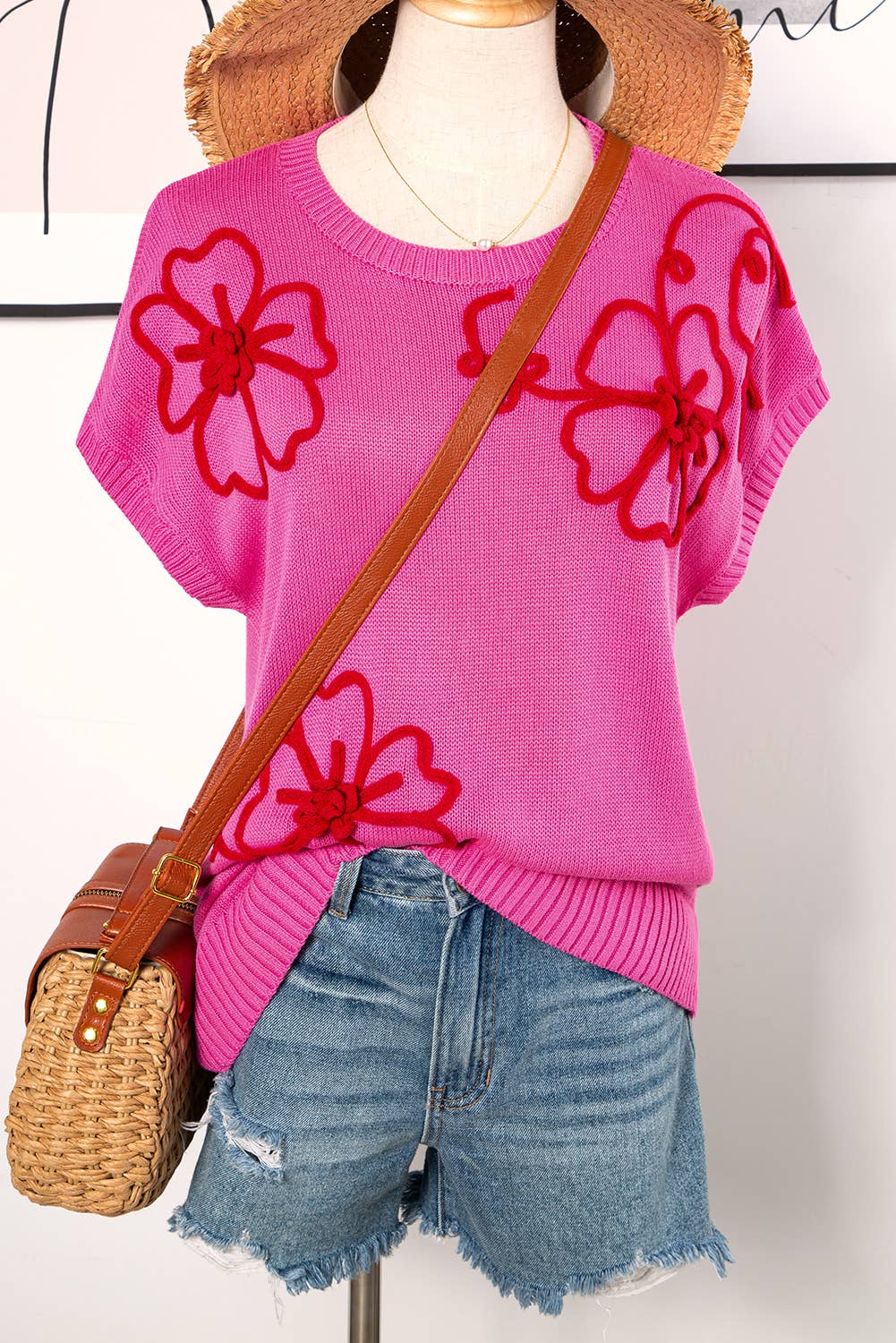 fashionworks - Fashion-W Flower Embroidery Short Sleeve Knitwear Top: As shown / Missy / L