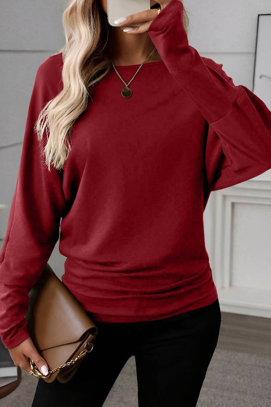 66DISCO - Solid Red Color Extended Cuffs Long Sleeve Top: Red Dahlia / M