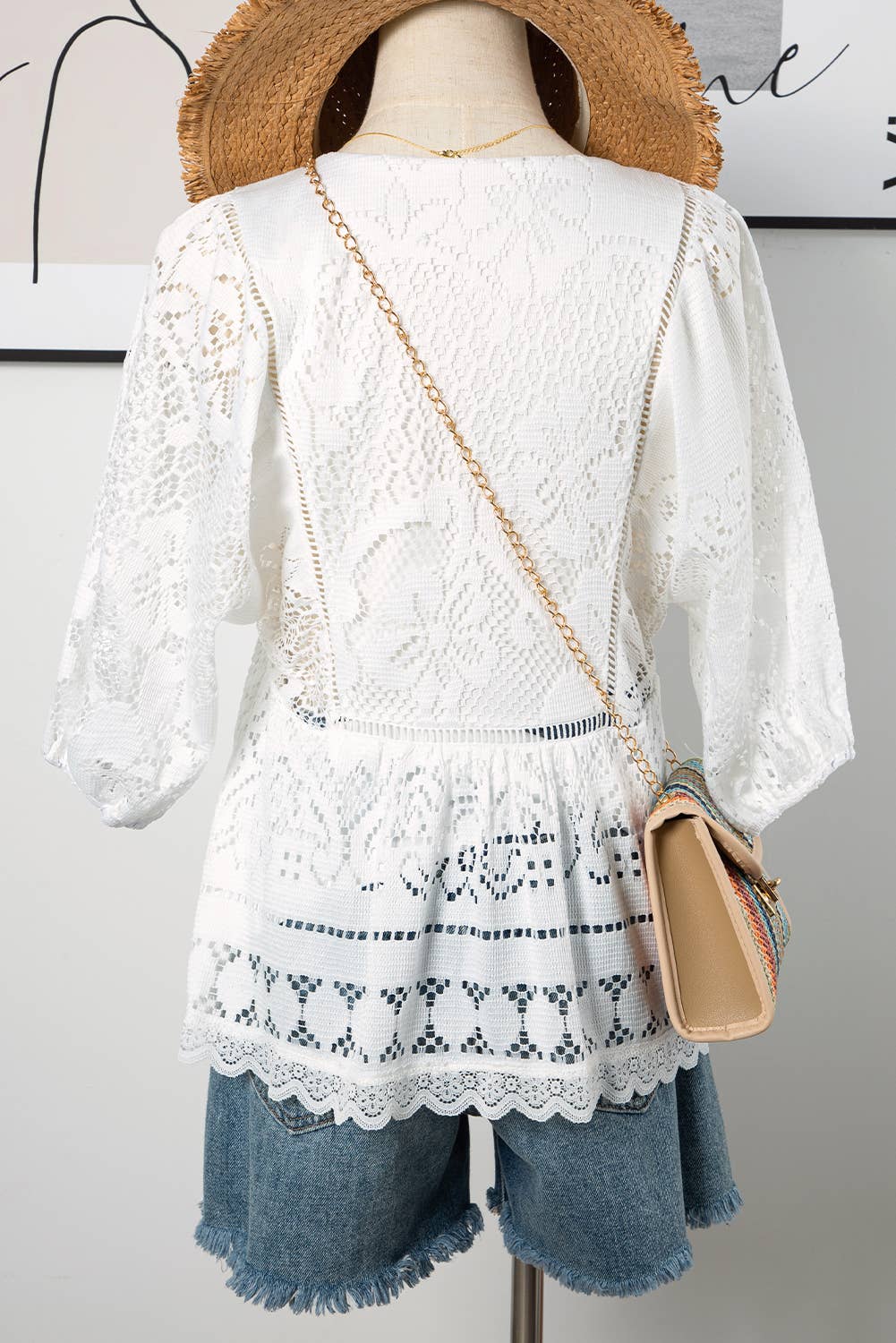 fashionworks - Lace Crochet Hollowed Scallop Hem V Neck Blouse: White / M