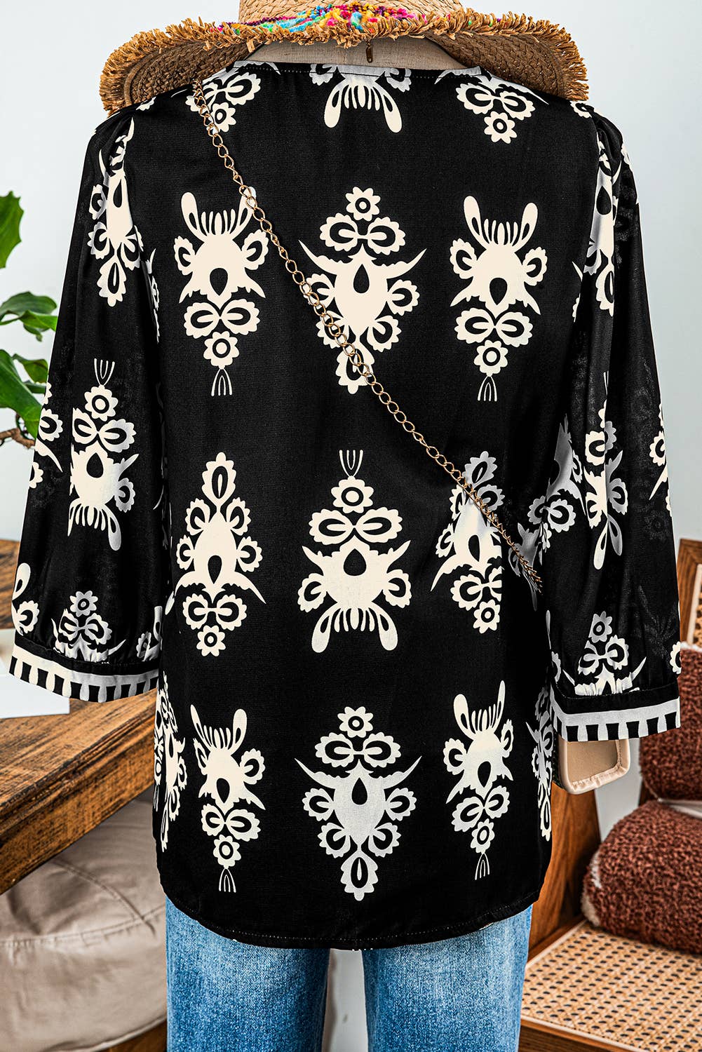 fashionworks - Fashion-W Boho Vintage Geometric 3/4 Sleeve V Neck Blouse: Black / Missy / L