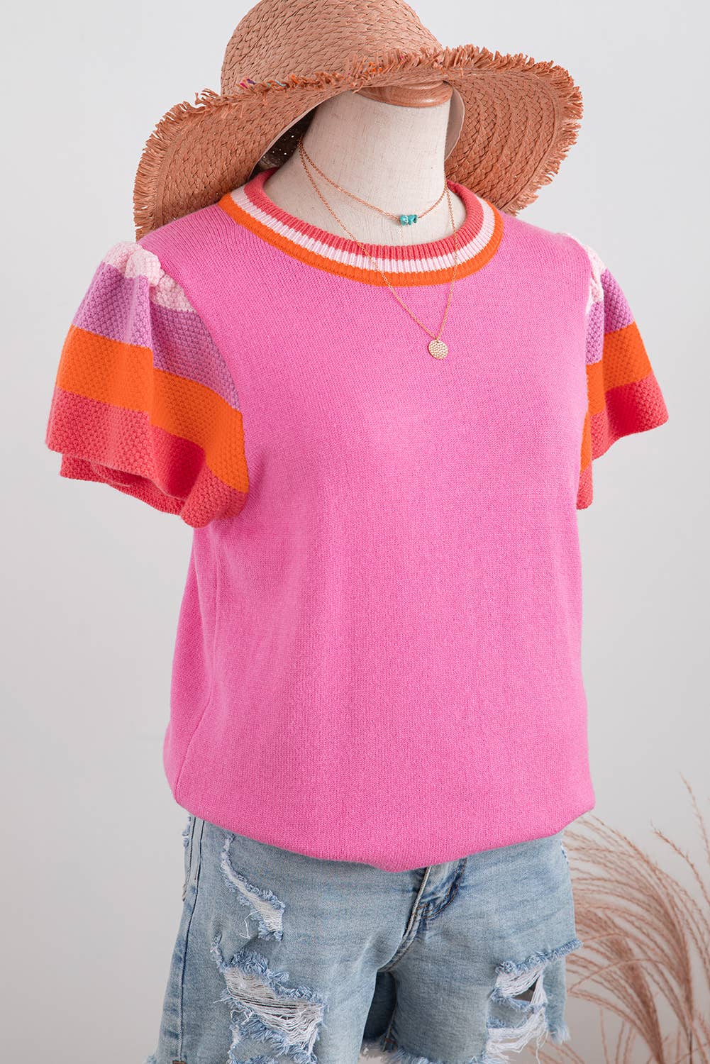 fashionworks - Fashion-W Contrast Flutter Sleeves Knitted Sweater T Shirt: Pink / XL