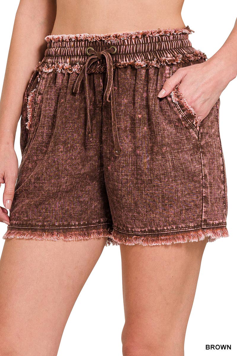 42POPS - SI-25591 Washed Linen Frayed Hem Drawstring Shorts With Pock: DEEP CAMEL-167086 / XL