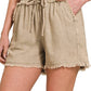 42POPS - , SI-25591 WASHED LINEN FRAYED HEM DRAWSTRING SHORTS WITH PO: BROWN-163231 / XL