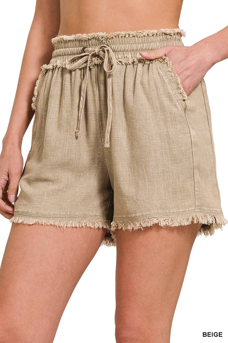 42POPS - , SI-25591 WASHED LINEN FRAYED HEM DRAWSTRING SHORTS WITH PO: BROWN-163231 / XL