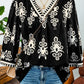 fashionworks - Fashion-W Boho Vintage Geometric 3/4 Sleeve V Neck Blouse: Black / Missy / M