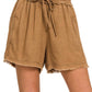 42POPS - , SI-25591 WASHED LINEN FRAYED HEM DRAWSTRING SHORTS WITH PO: BROWN-163231 / XL