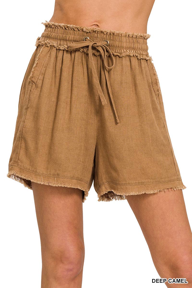 42POPS - , SI-25591 WASHED LINEN FRAYED HEM DRAWSTRING SHORTS WITH PO: BROWN-163231 / XL