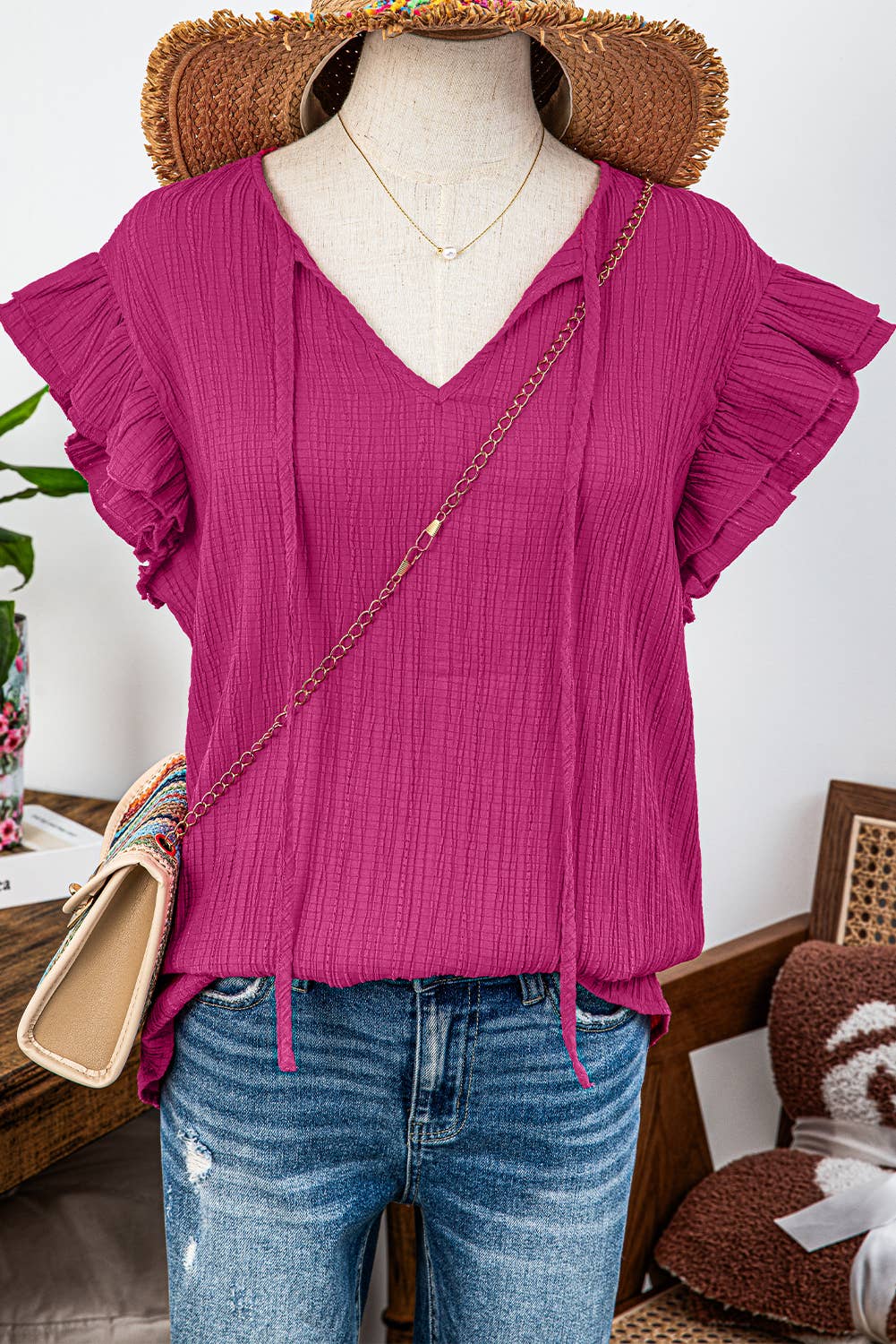 fashionworks - Fashion-W Textured Ruffled Sleeve V Neck Top: Rose / Missy / L