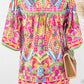 fashionworks - Fashion-W Geometric Print Bell Sleeve O Neck Babydoll Blouse: Orange / XL