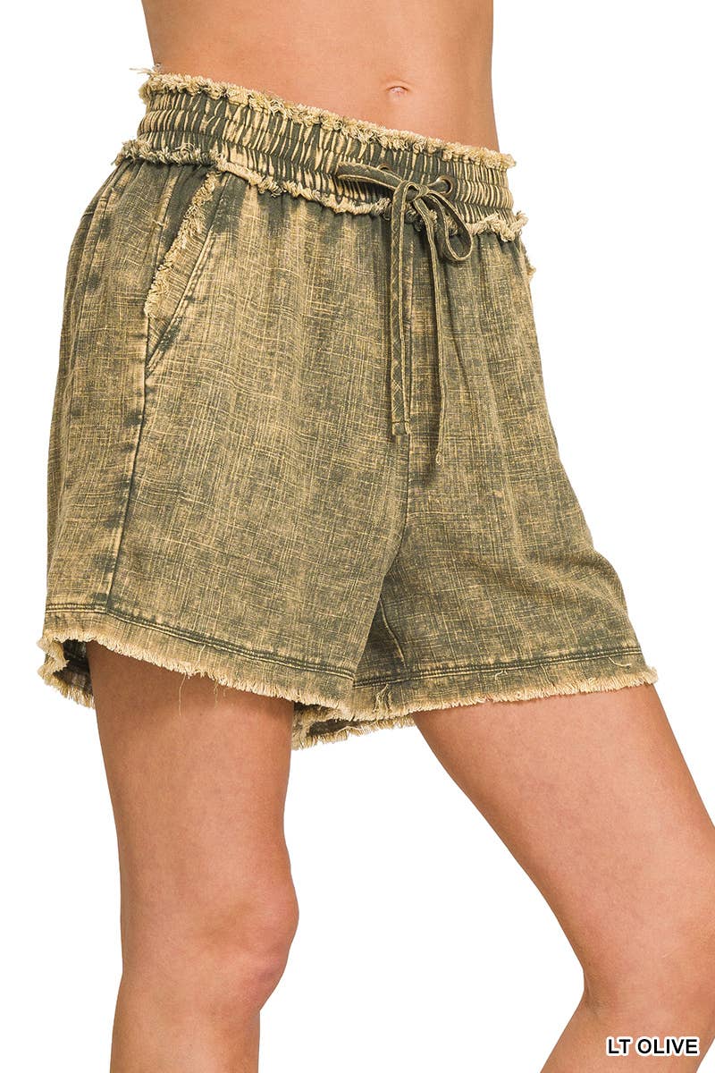 42POPS - , SI-25591 WASHED LINEN FRAYED HEM DRAWSTRING SHORTS WITH PO: BROWN-163231 / XL