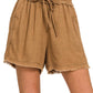 42POPS - SI-25591 Washed Linen Frayed Hem Drawstring Shorts With Pock: DEEP CAMEL-167086 / XL