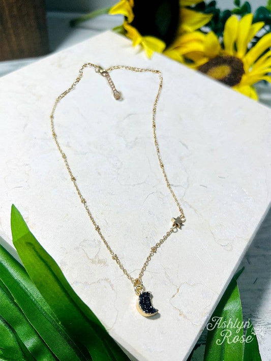 Southern Grace - TALKING TO THE MOON IRIDESCENT DRUZY QUARTZ PENDANT GOLD NECKLACE, BLACK: Black / One Size