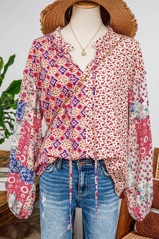 fashionworks - Fashion-W Western Mix Floral Long Sleeve Tied V Neck Blouse: As shown / Missy / L