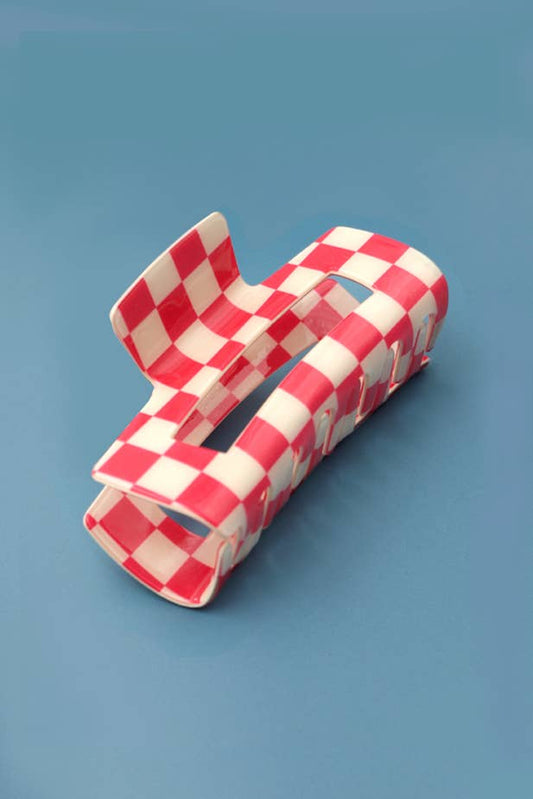 JOSSLYN by wall to wall - JUMBO RESIN CHECKER HAIR CLAW CLIPS 4inch | 40H664: FUCHSIA