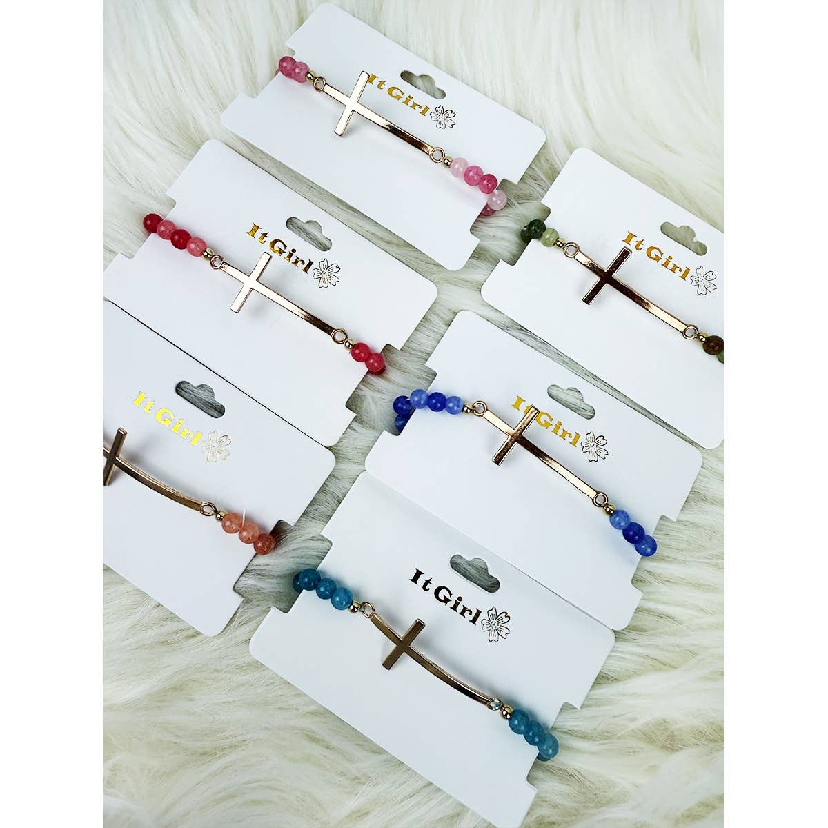 Love and Repeat - Gold Cross Multi Tone Beaded Stretch Bracelet: MIX COLOR / ONE(12)