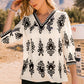 fashionworks - Fashion-W Boho Vintage Geometric 3/4 Sleeve V Neck Blouse: Black / Missy / L